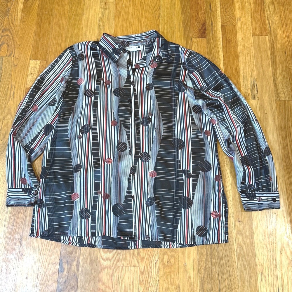Joan Leslie Vintage Black White Red Geometric‎ Stripe Blouse Size 14 Button Down